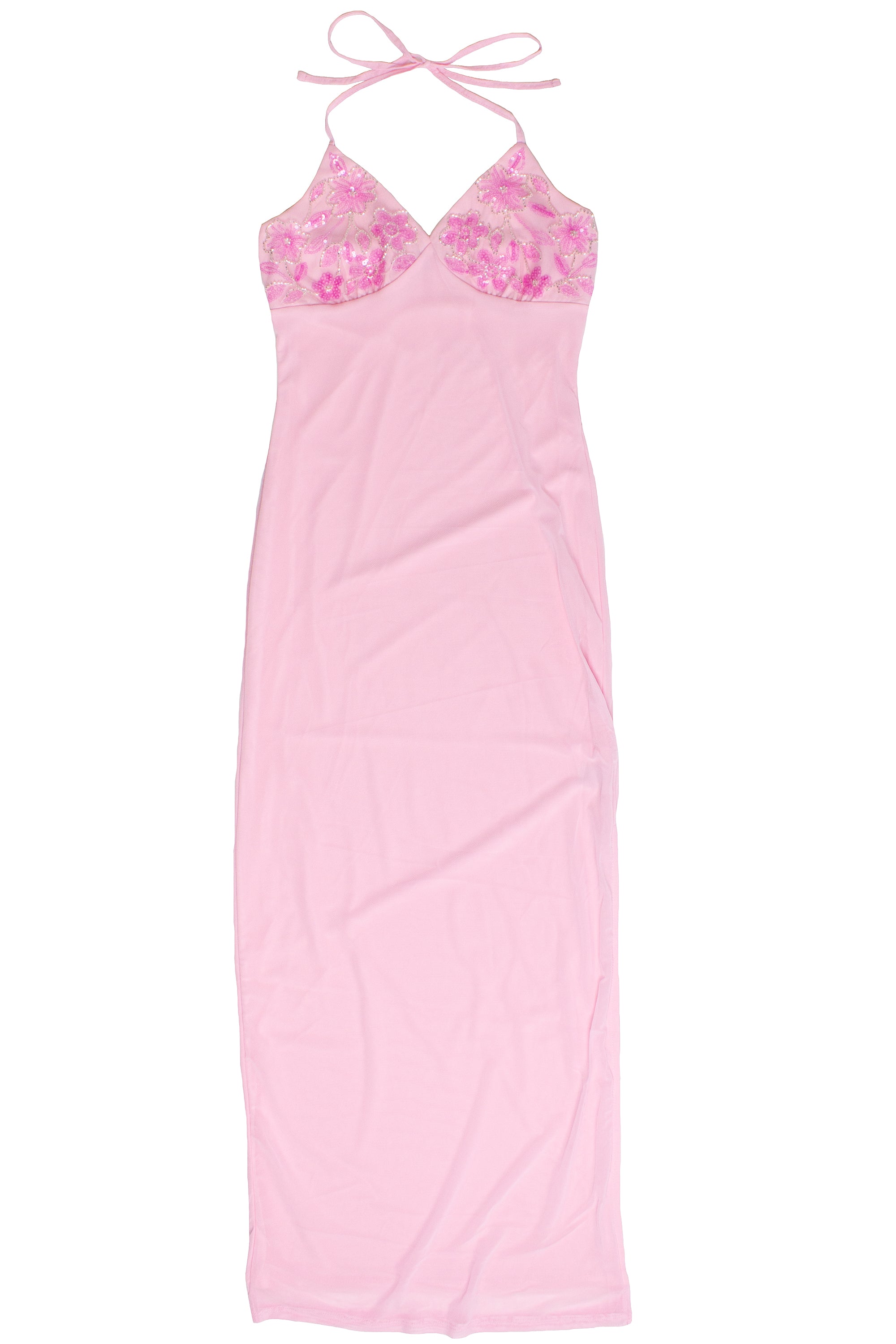 Sequin Beaded Halter Maxi Dress - Pink