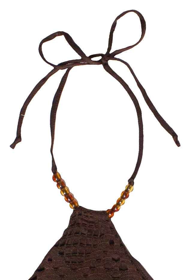Diamond Pointelle Beaded Halter Mini Dress - Brown