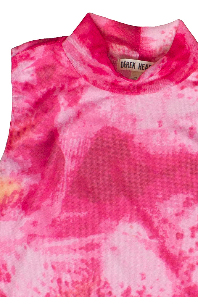 Abstract Lily Print Mesh Mock Neck Tank Top