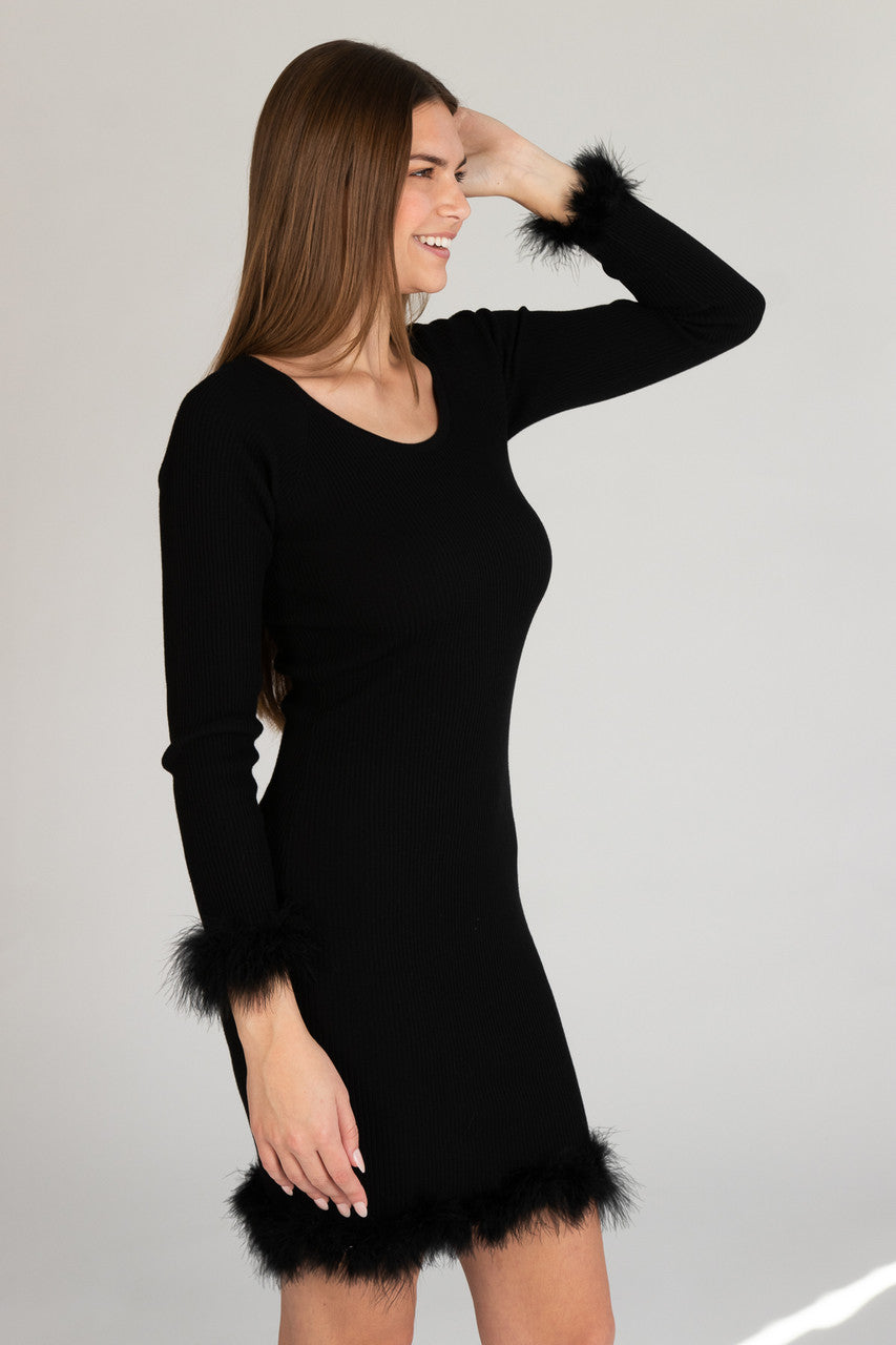 Feather Trim Long Sleeve Mini Dress