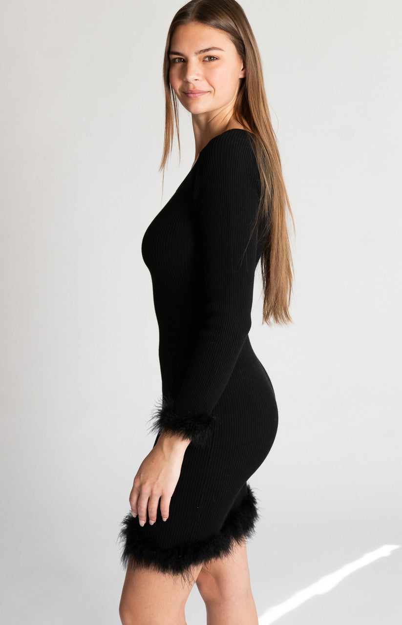 Feather Trim Long Sleeve Mini Dress