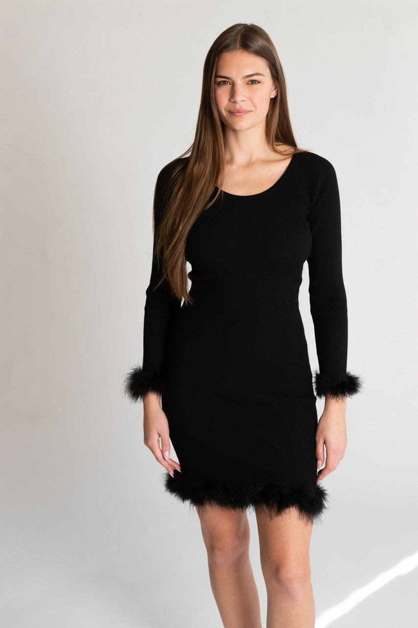 Feather Trim Long Sleeve Mini Dress