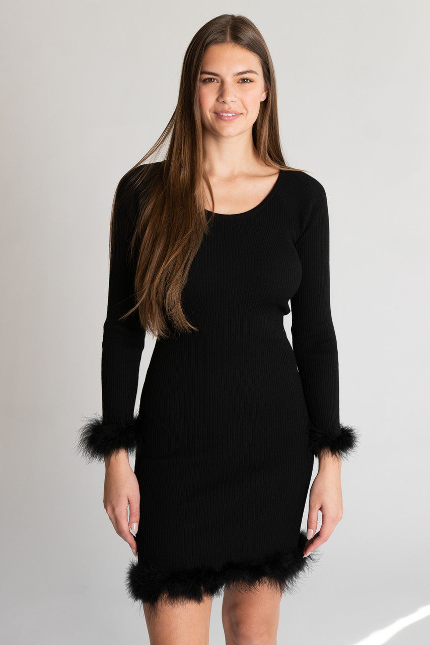 Feather Trim Long Sleeve Mini Dress