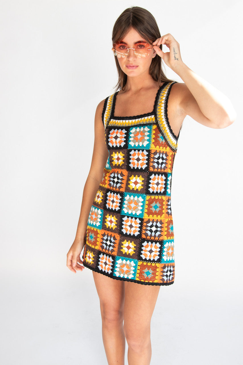 Crochet Granny Square Mini Dress