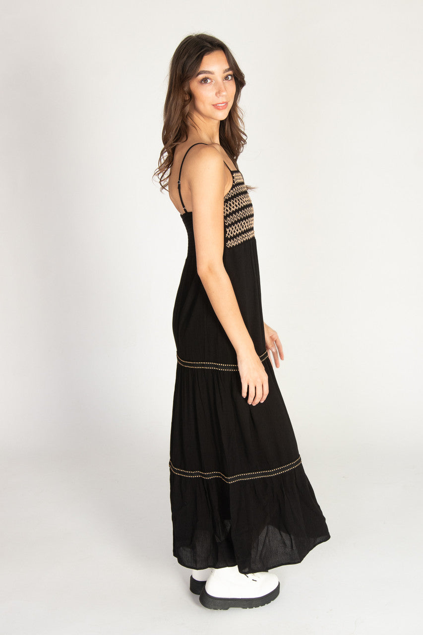 Embroidered Detail Gauze Tiered Maxi Dress
