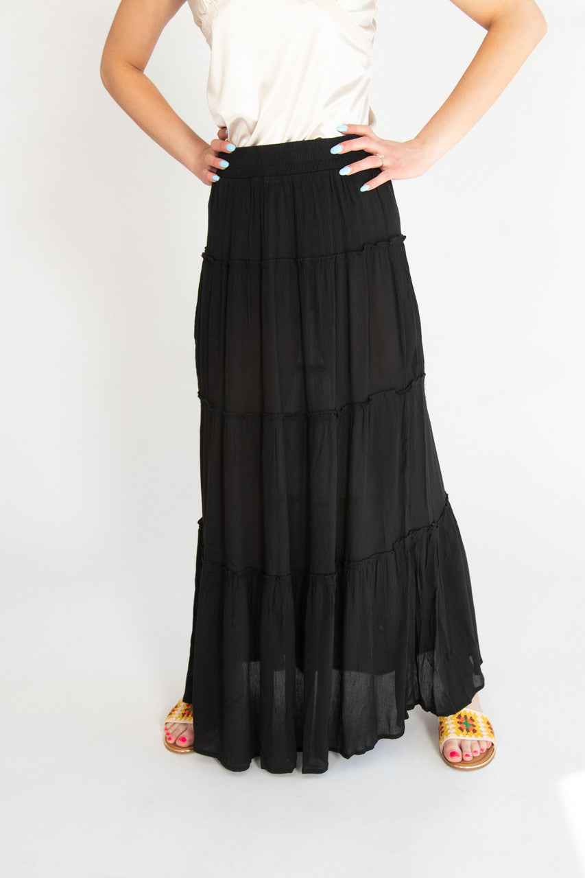 Black Ruffle Tiered Maxi Skirt