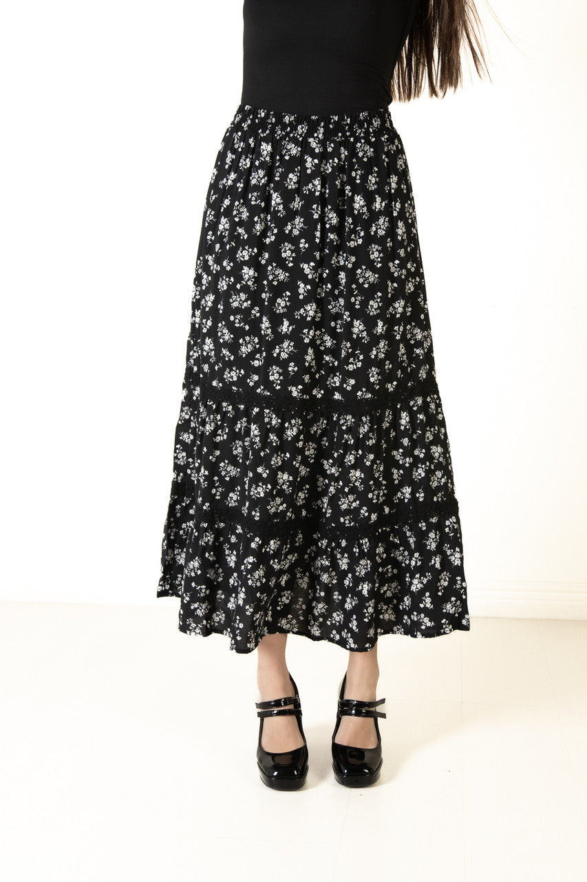 Black Floral Crochet Detail Maxi Skirt