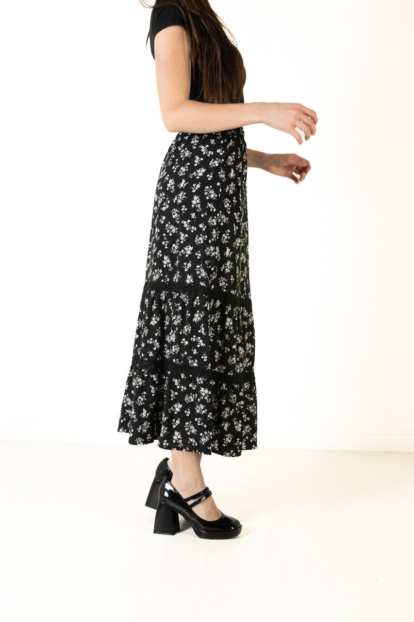 Black Floral Crochet Detail Maxi Skirt