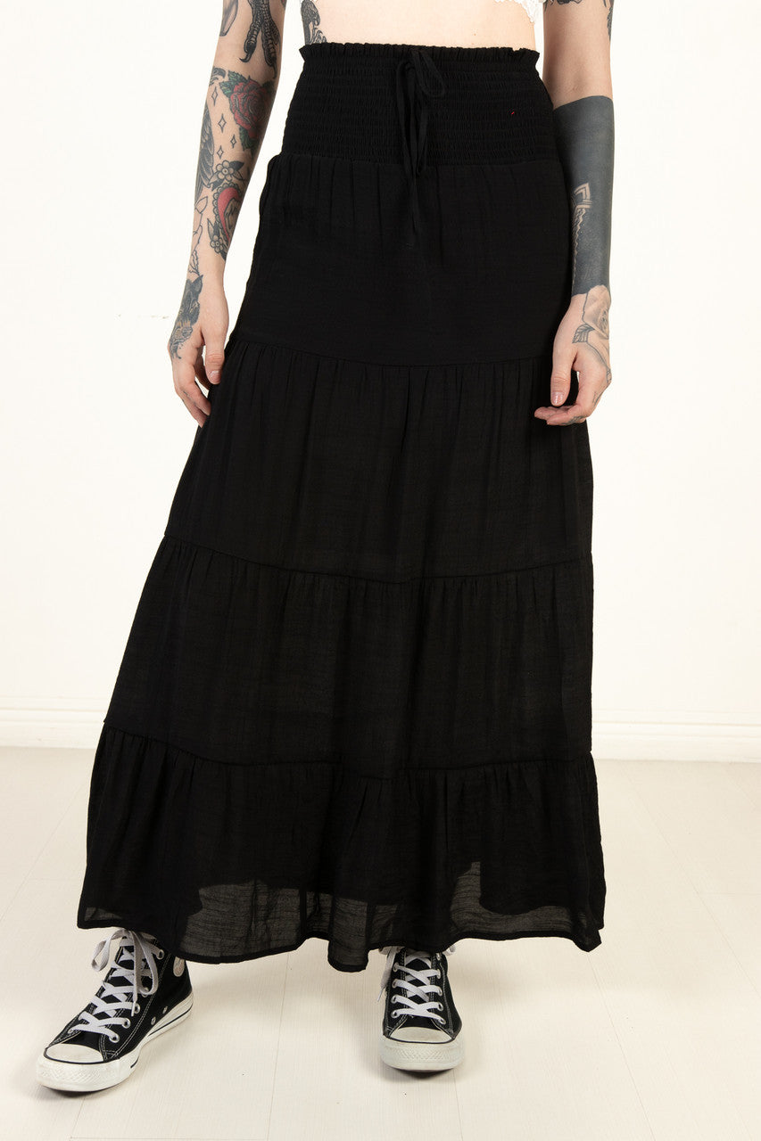Black Smocked Waist Maxi Skirt