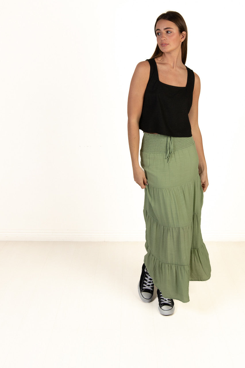 Moss Green Smocked Waist Maxi Skirt