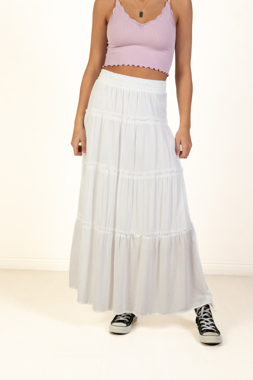 White Ruffle Tiered Maxi Skirt
