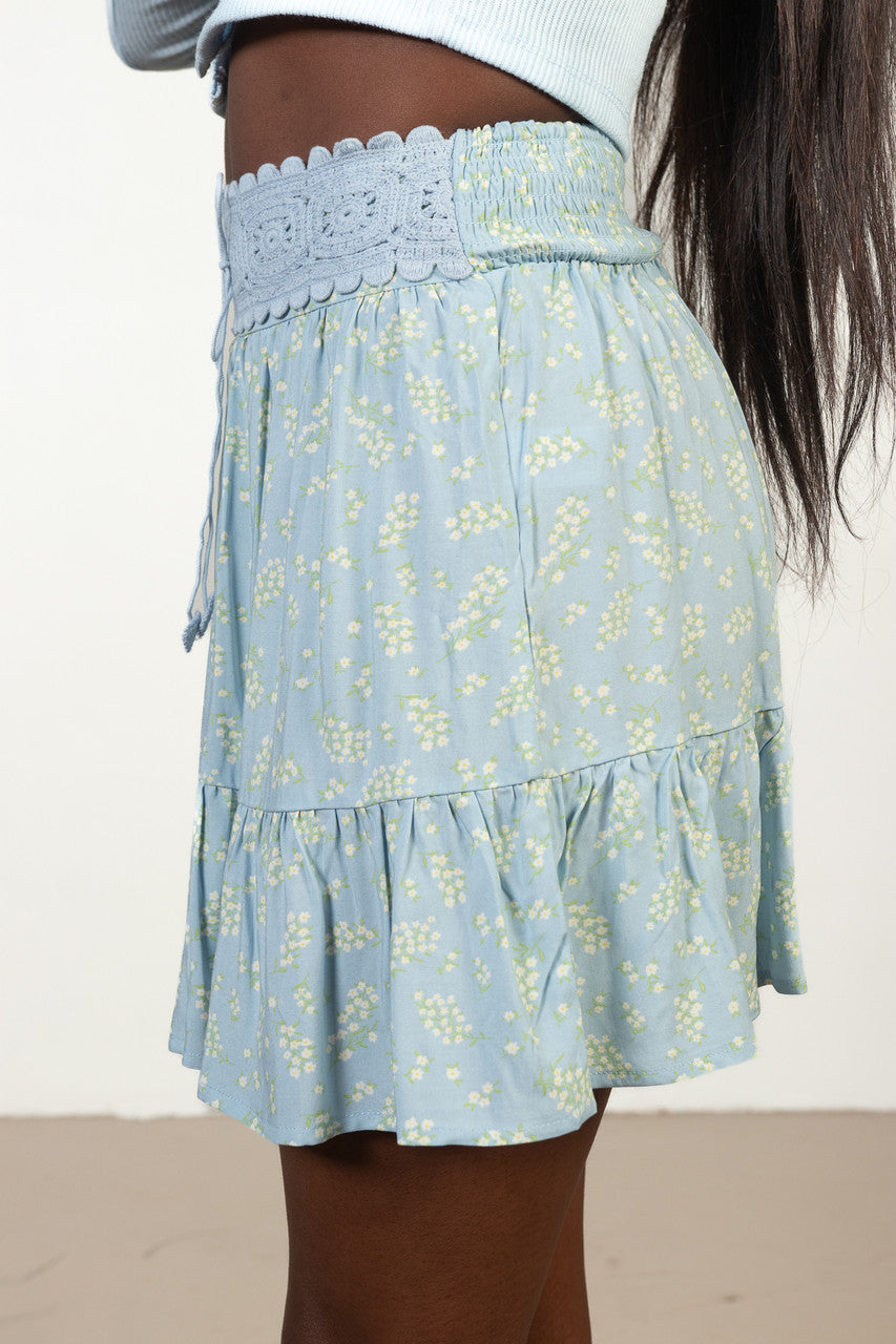 Blue Crochet Top Floral Mini Skirt