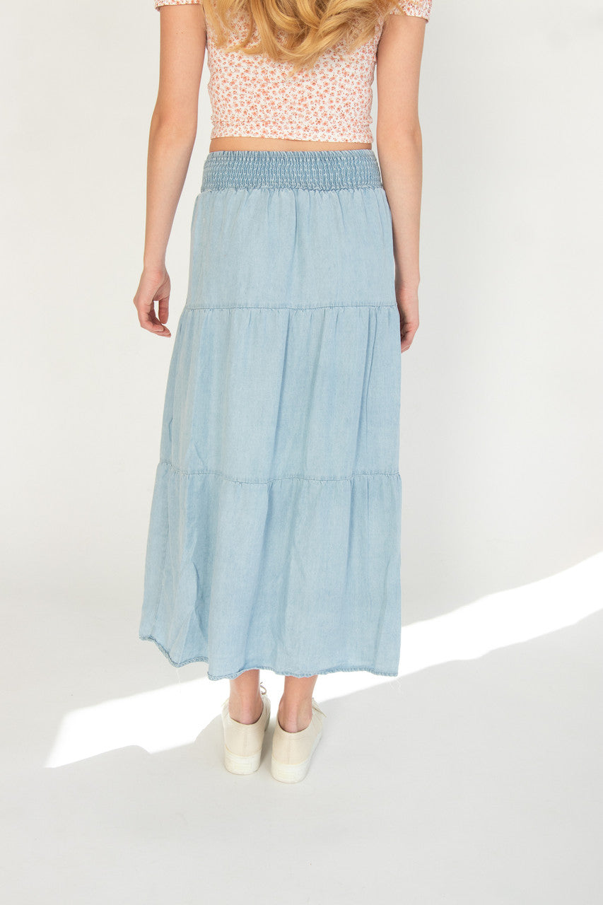 Tiered Chambray Maxi Skirt