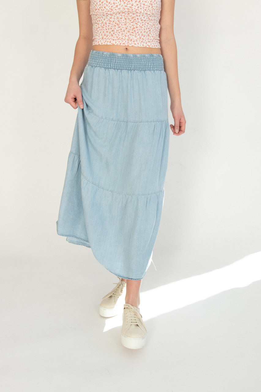 Tiered Chambray Maxi Skirt