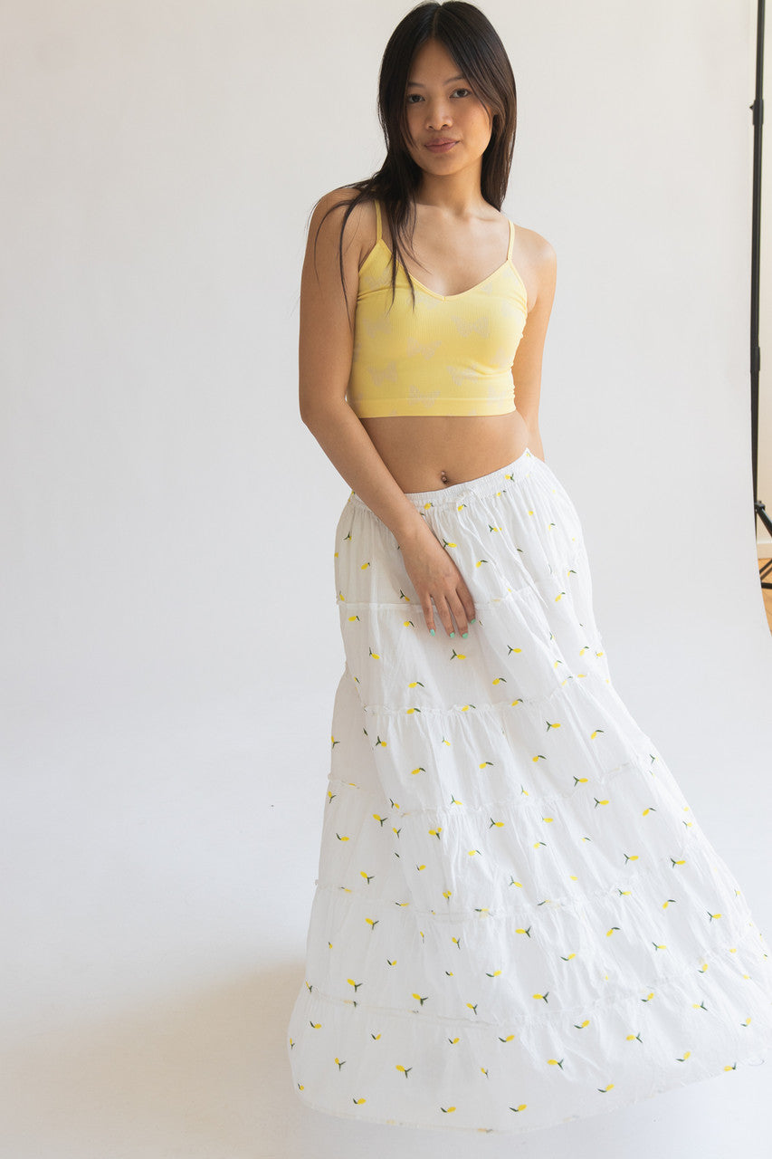 Embroidered Lemon Tiered Maxi Skirt