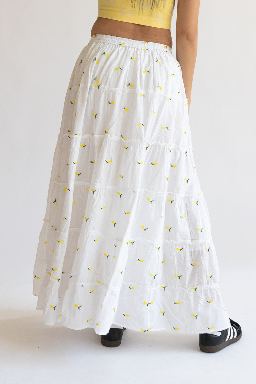 Embroidered Lemon Tiered Maxi Skirt