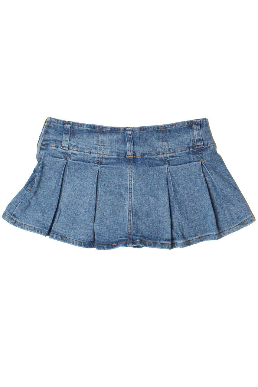 Low Rise Pleated Belted Denim Mini Skort