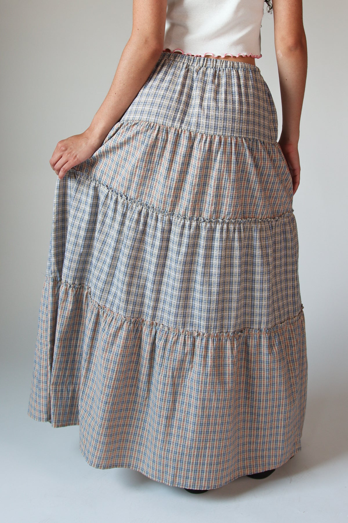 Mixed Plaid Tiered Maxi Skirt