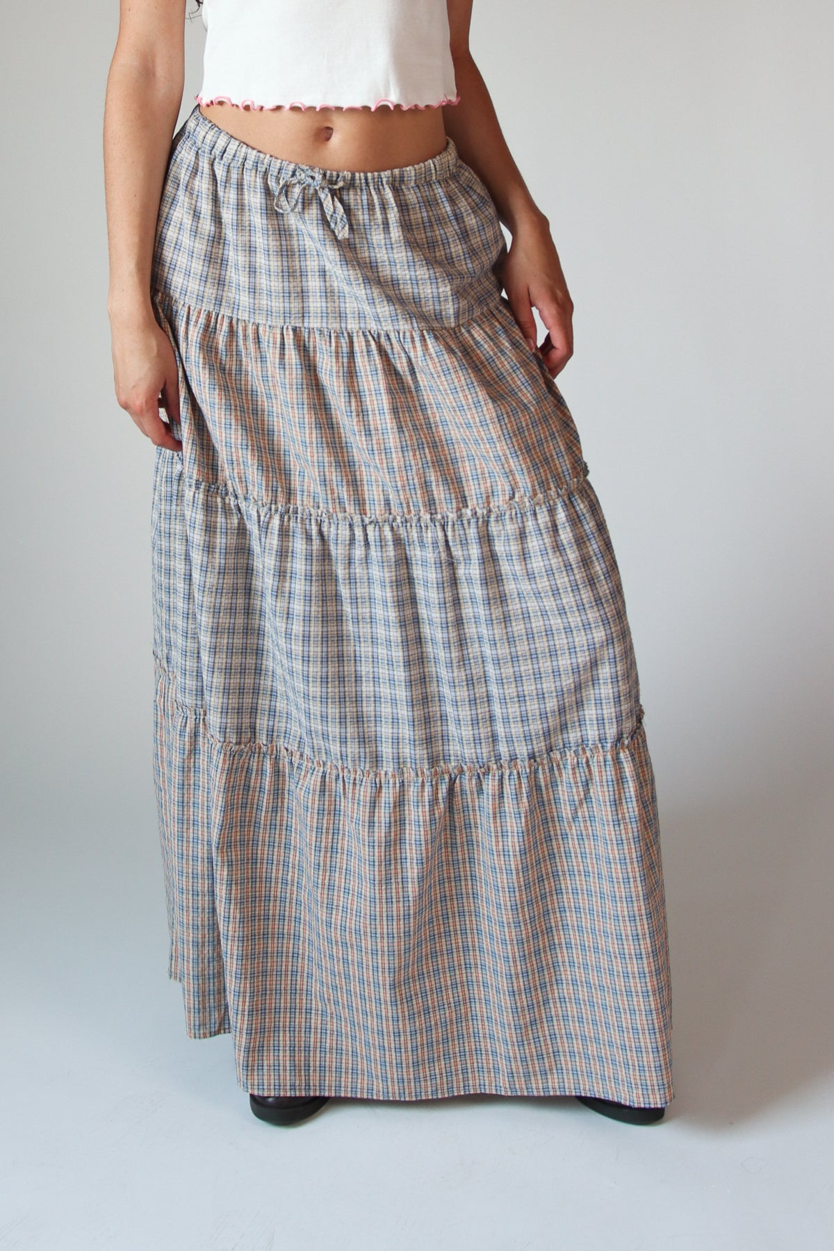 Mixed Plaid Tiered Maxi Skirt