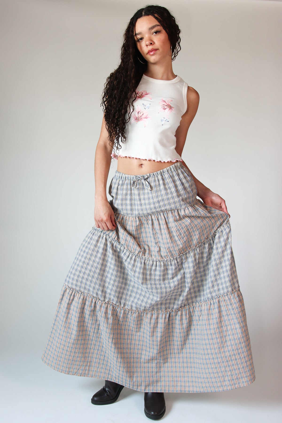 Mixed Plaid Tiered Maxi Skirt