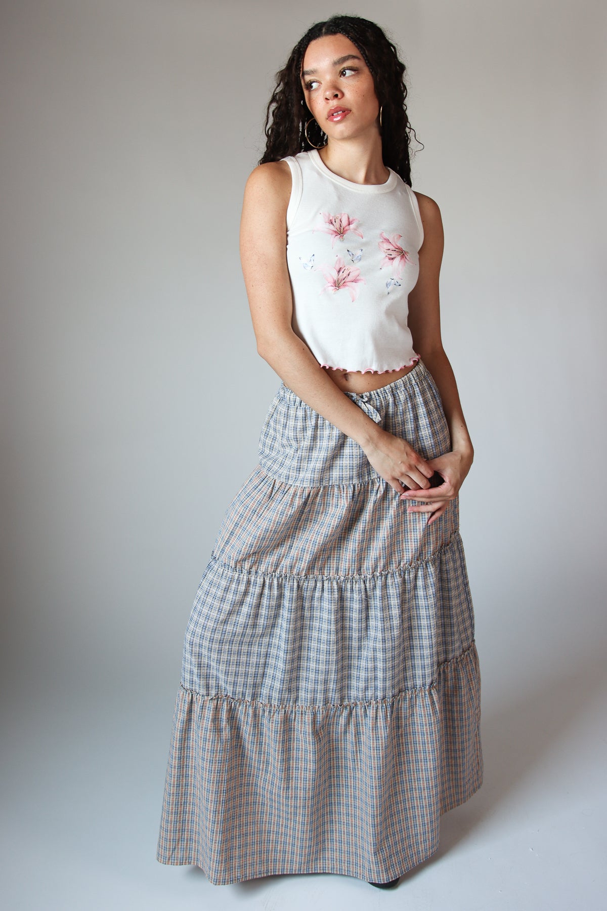 Mixed Plaid Tiered Maxi Skirt