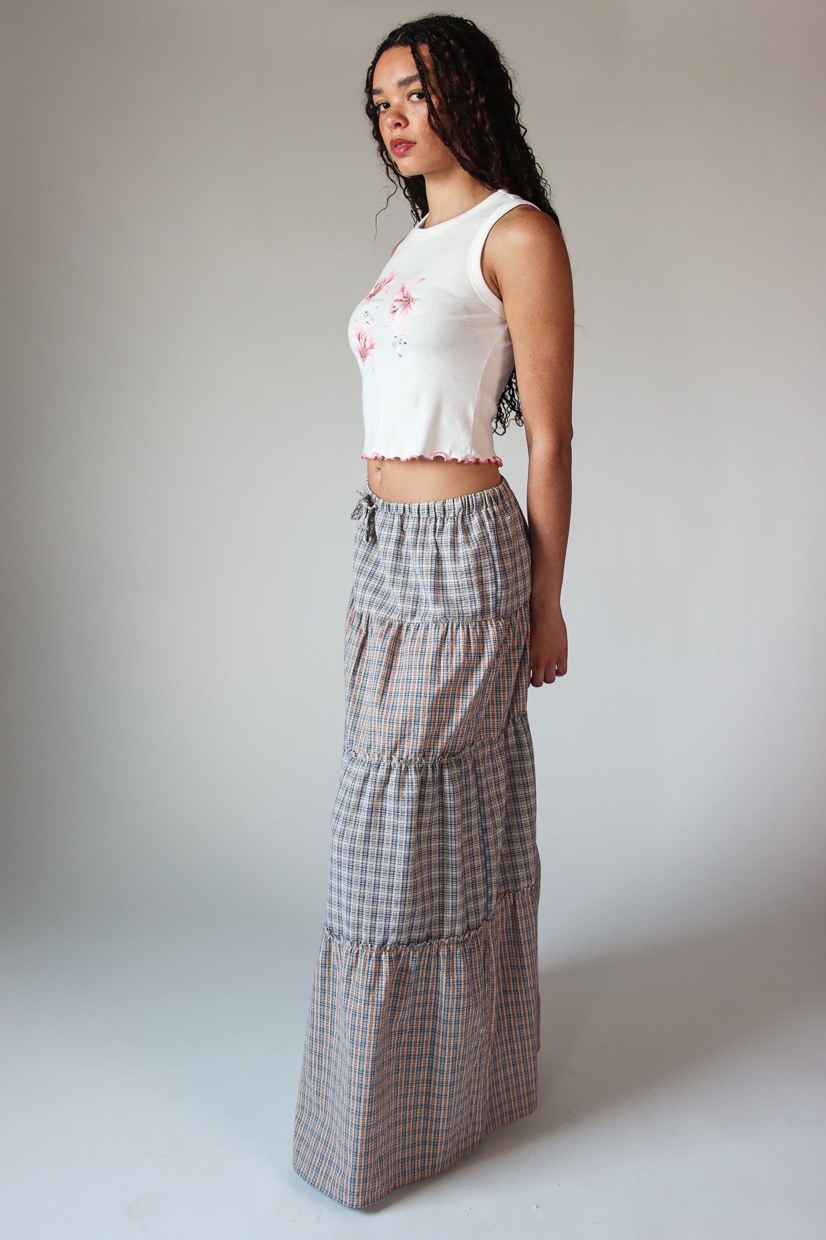 Mixed Plaid Tiered Maxi Skirt