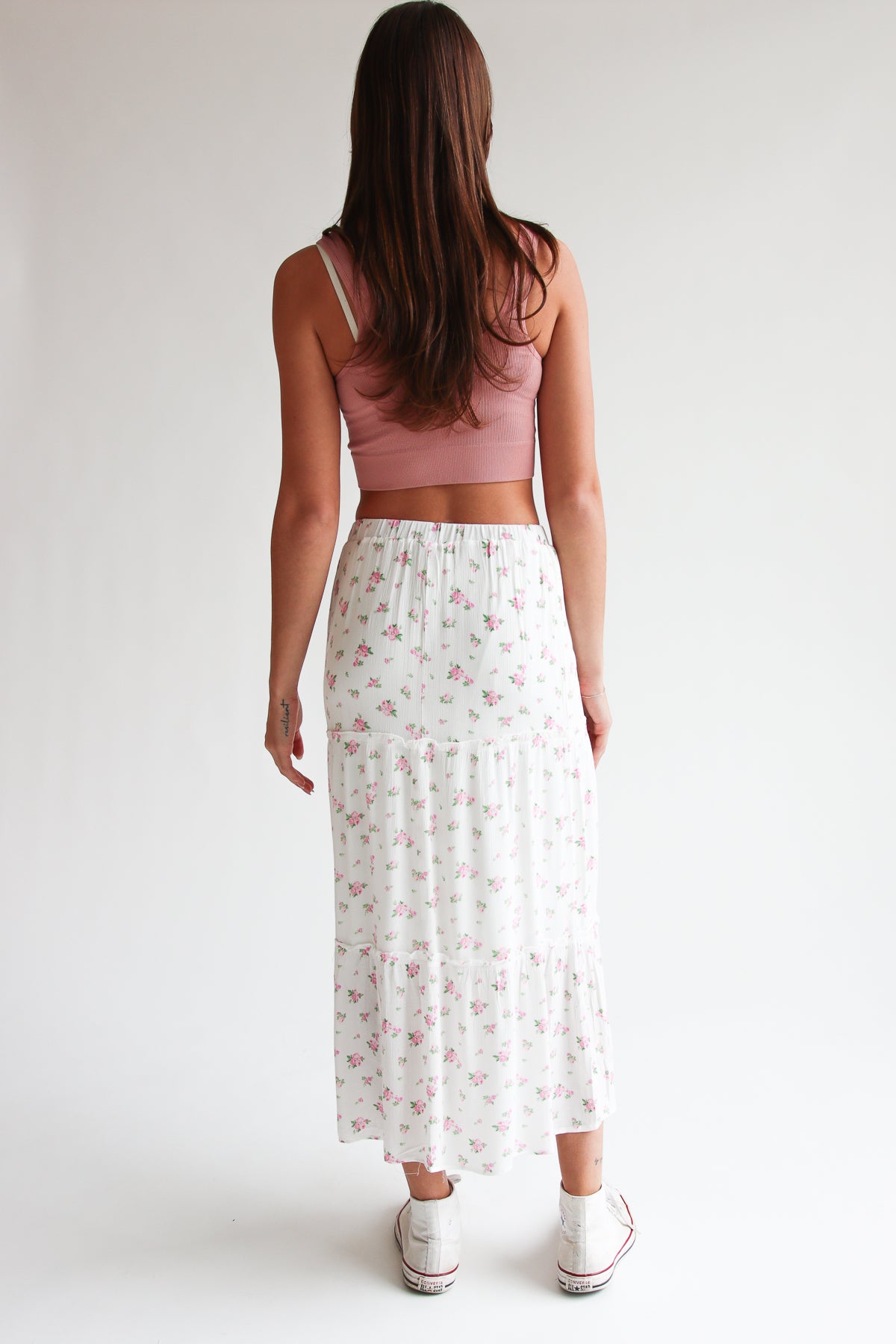 Rose Pattern Tiered Maxi Skirt Pink Floral