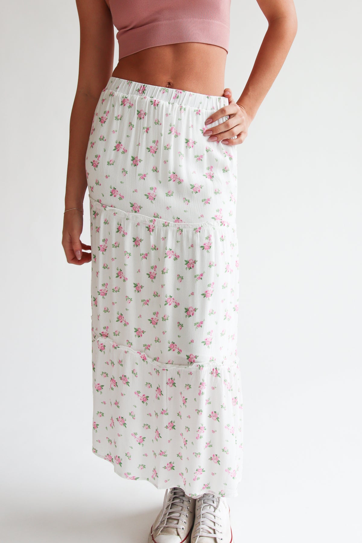 Rose Pattern Tiered Maxi Skirt Pink Floral