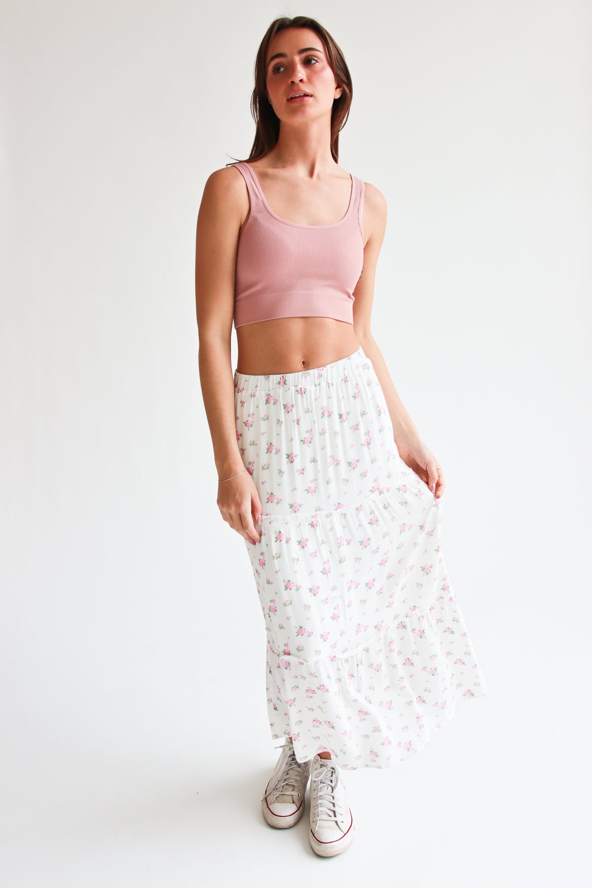 Rose Pattern Tiered Maxi Skirt Pink Floral
