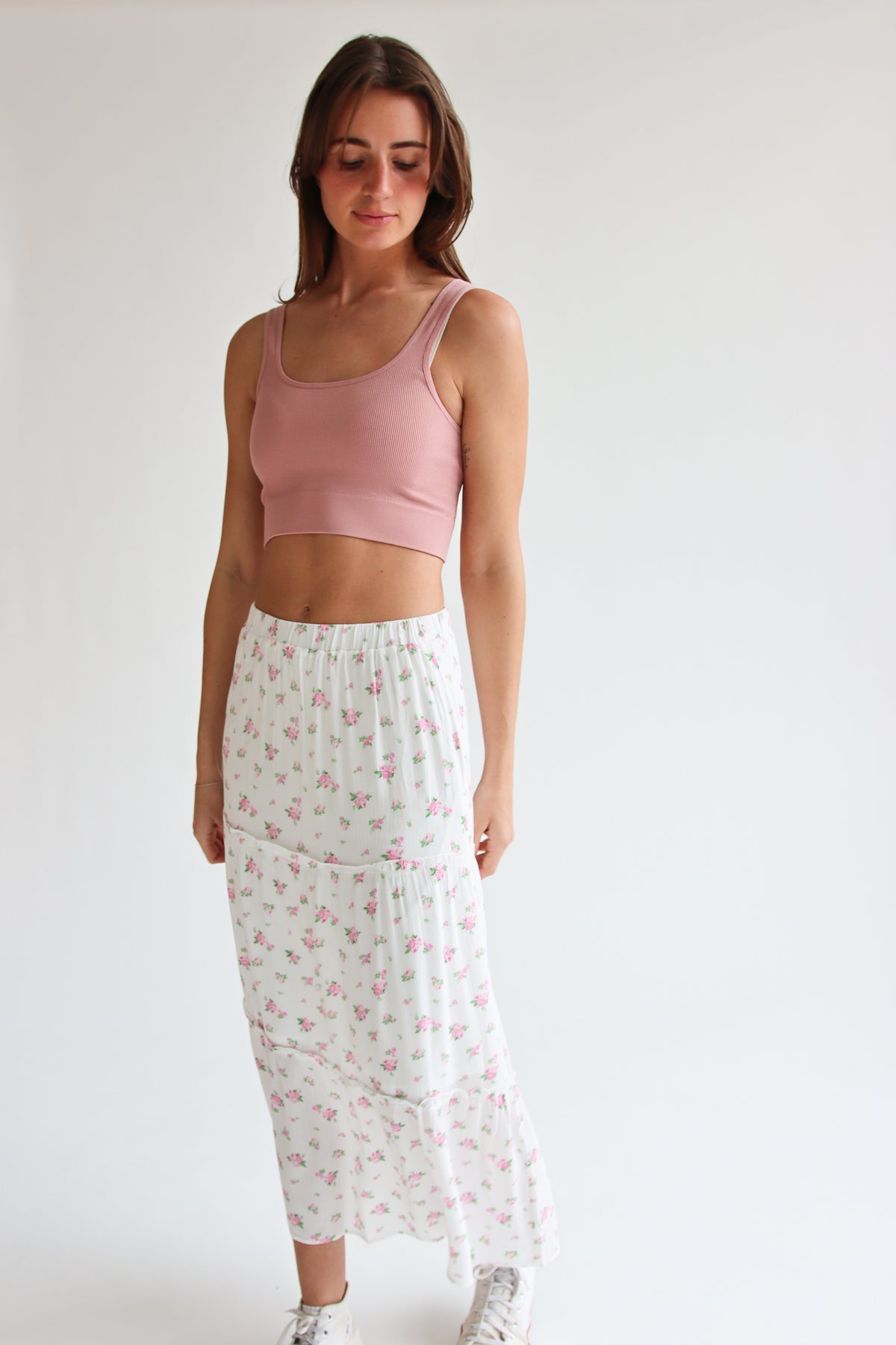 Rose Pattern Tiered Maxi Skirt Pink Floral