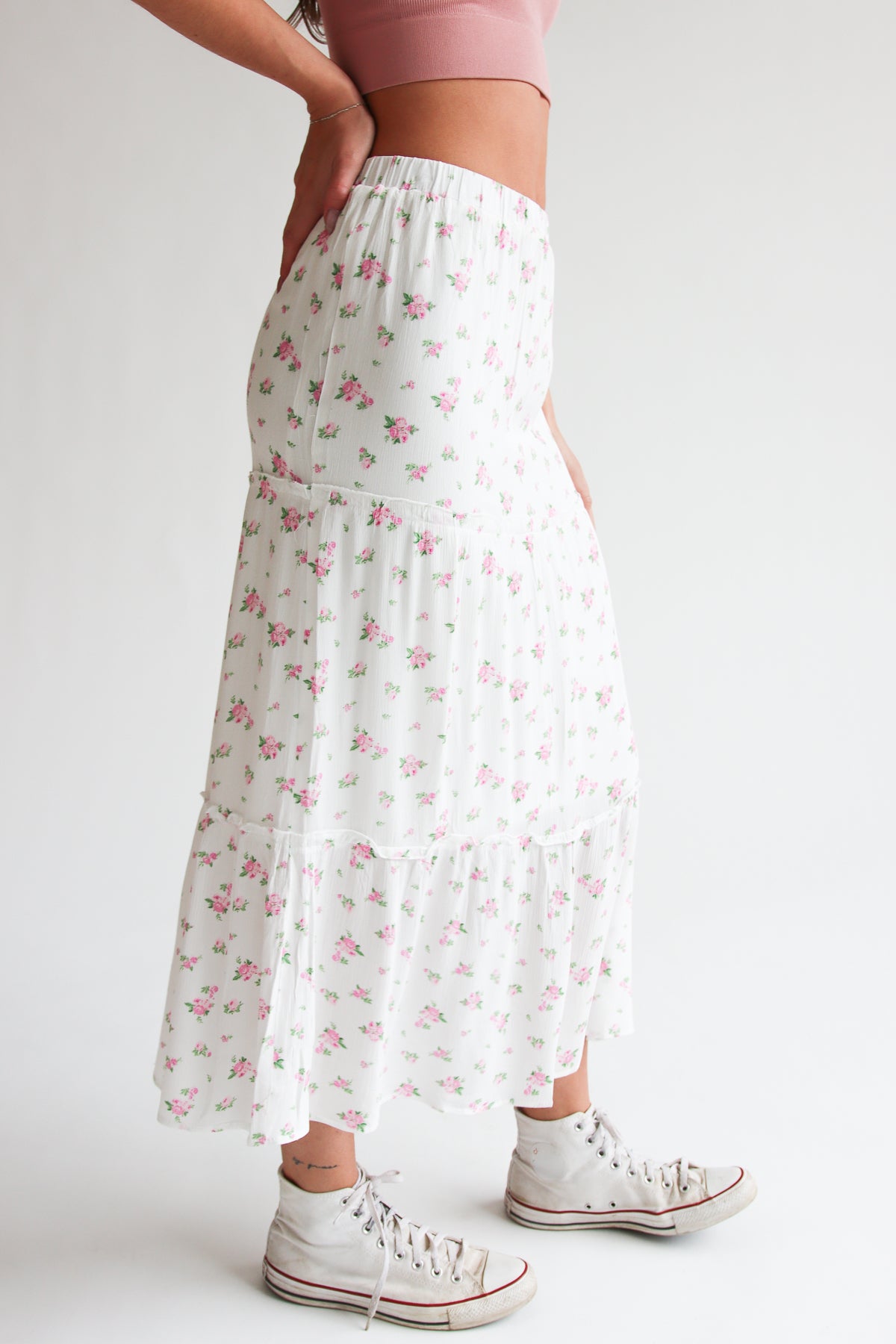 Rose Pattern Tiered Maxi Skirt Pink Floral