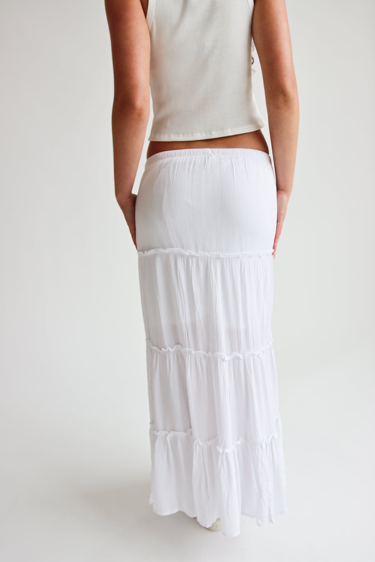 Gauze Tiered Maxi Skirt in White/Back View