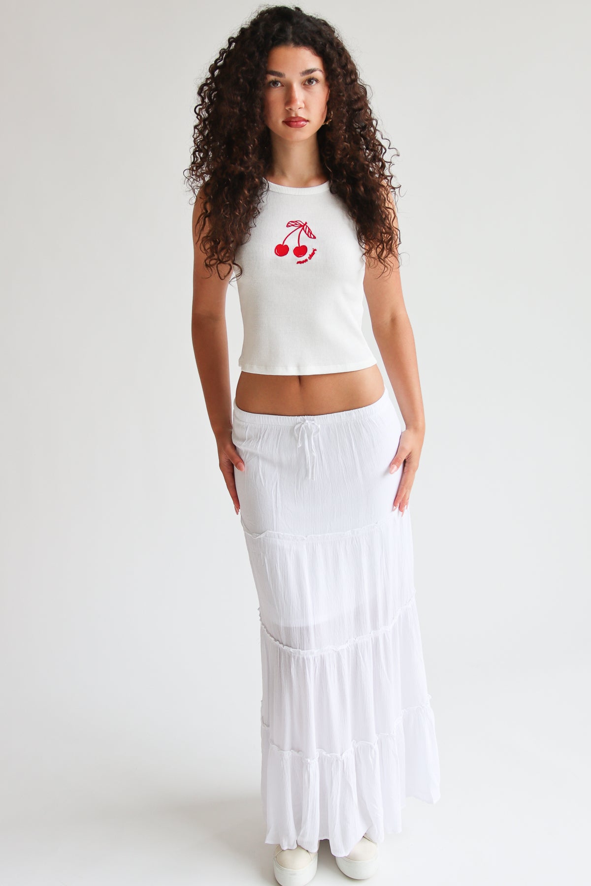 Gauze Tiered Maxi Skirt in White