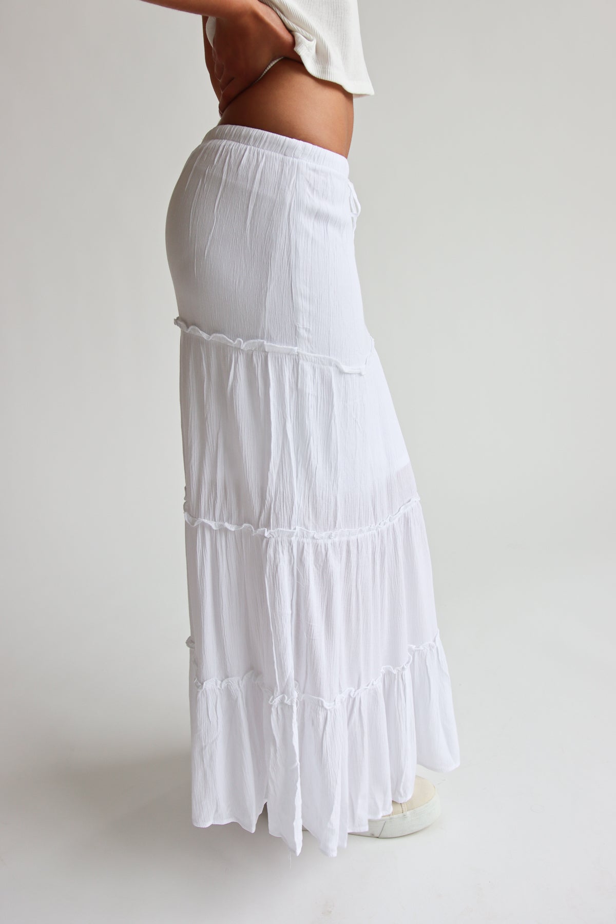 Gauze Tiered Maxi Skirt in White