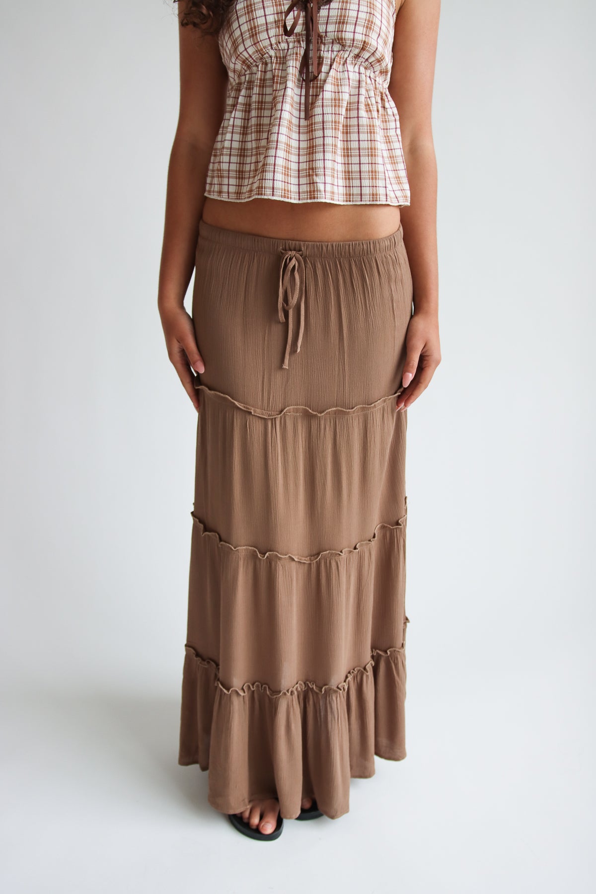 Gauze Tiered Maxi Skirt in Mocha