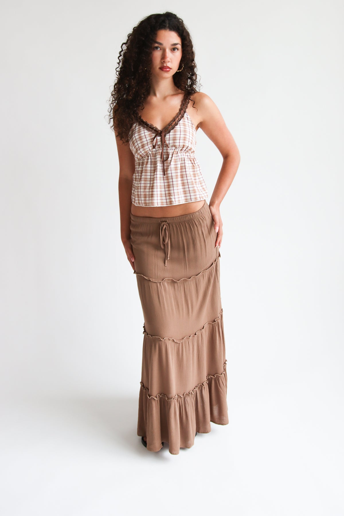 Gauze Tiered Maxi Skirt in Mocha