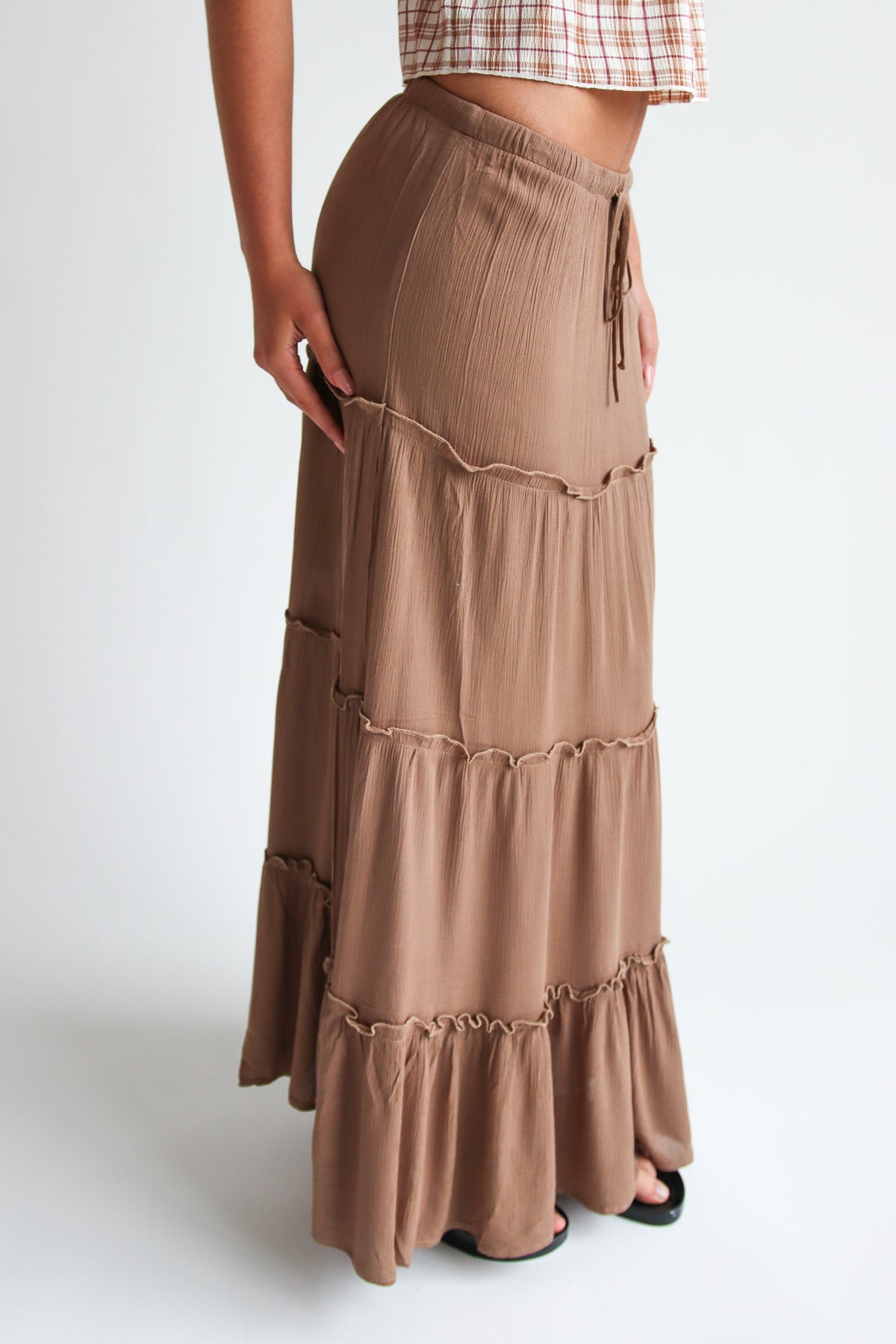 Gauze Tiered Maxi Skirt in Mocha