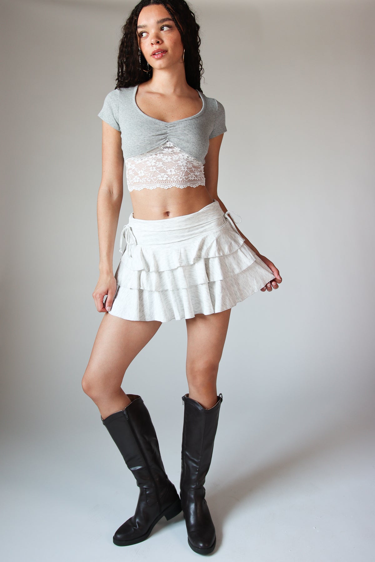 Drawstring Ruched Tiered Mini Skort