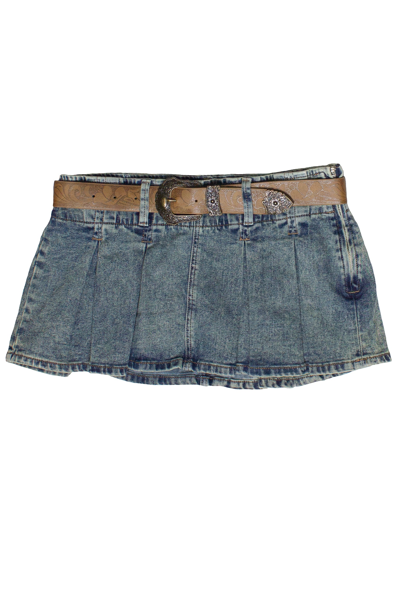 Western Belt Denim Pleated Mini Skort
