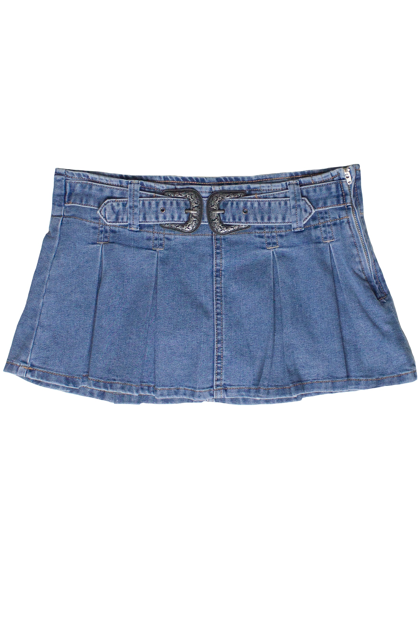 Double Buckle Belted Denim Mini Skort - Light Wash