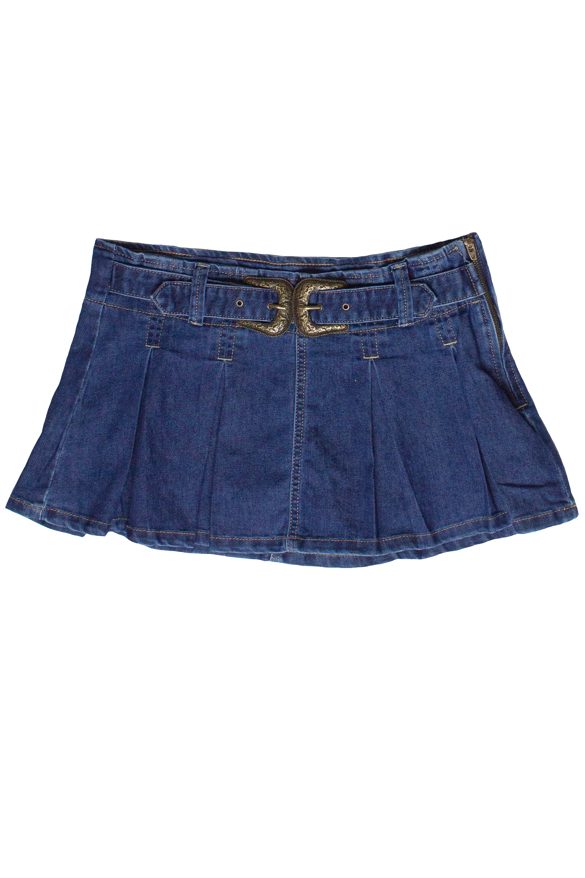 Double Buckle Belted Denim Mini Skort - Medium Wash