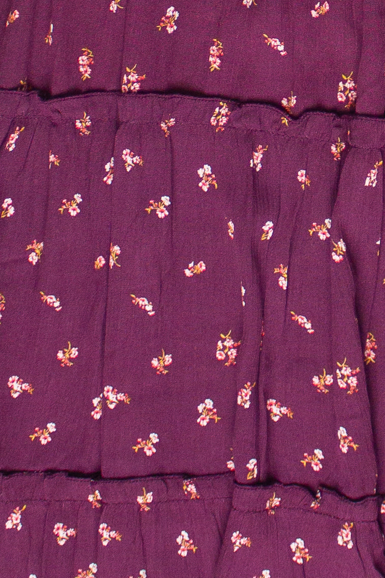 Floral Print Tiered Maxi Skirt - Burgundy