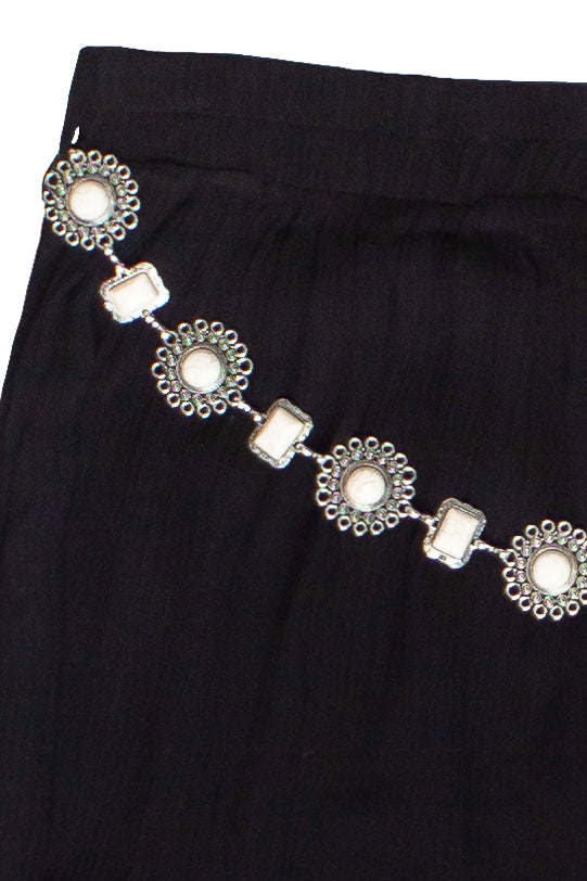 Stone Chain Belt Gauze Maxi Skirt - Black