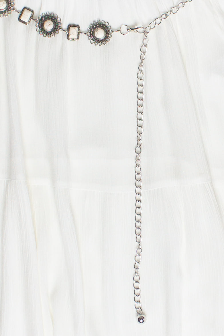 Stone Chain Belt Gauze Maxi Skirt - White
