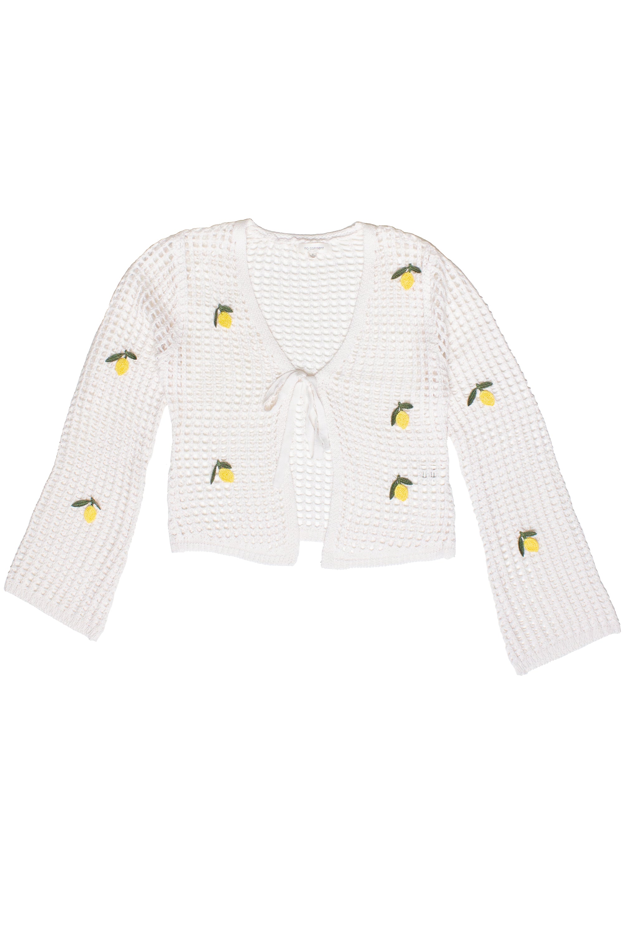 White mesh stitch cardigan with tie front and small embroidered yellow fruit details on sleeves and body