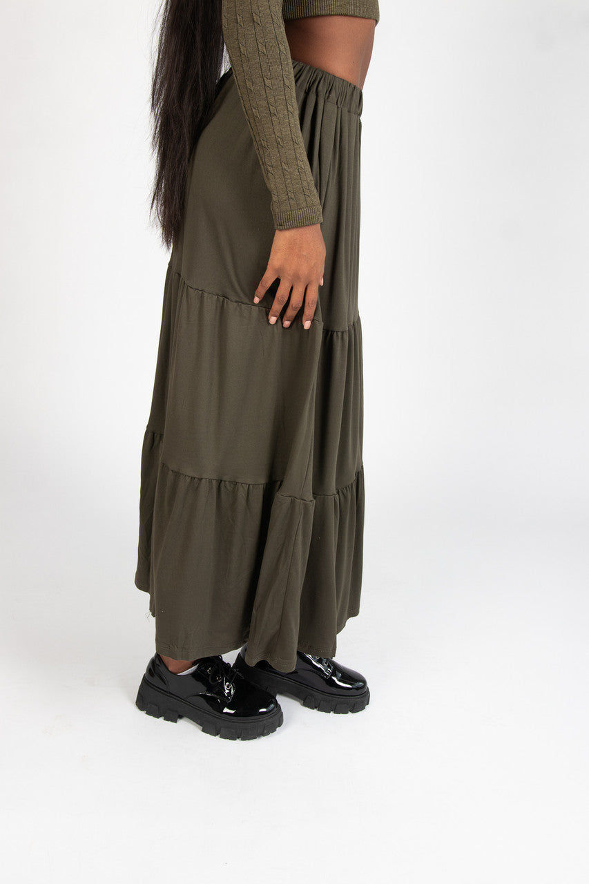 Tiered Button Front Maxi Skirt