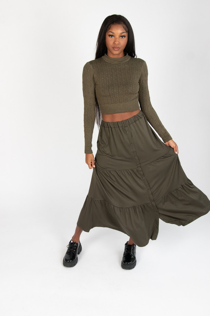 Tiered Button Front Maxi Skirt