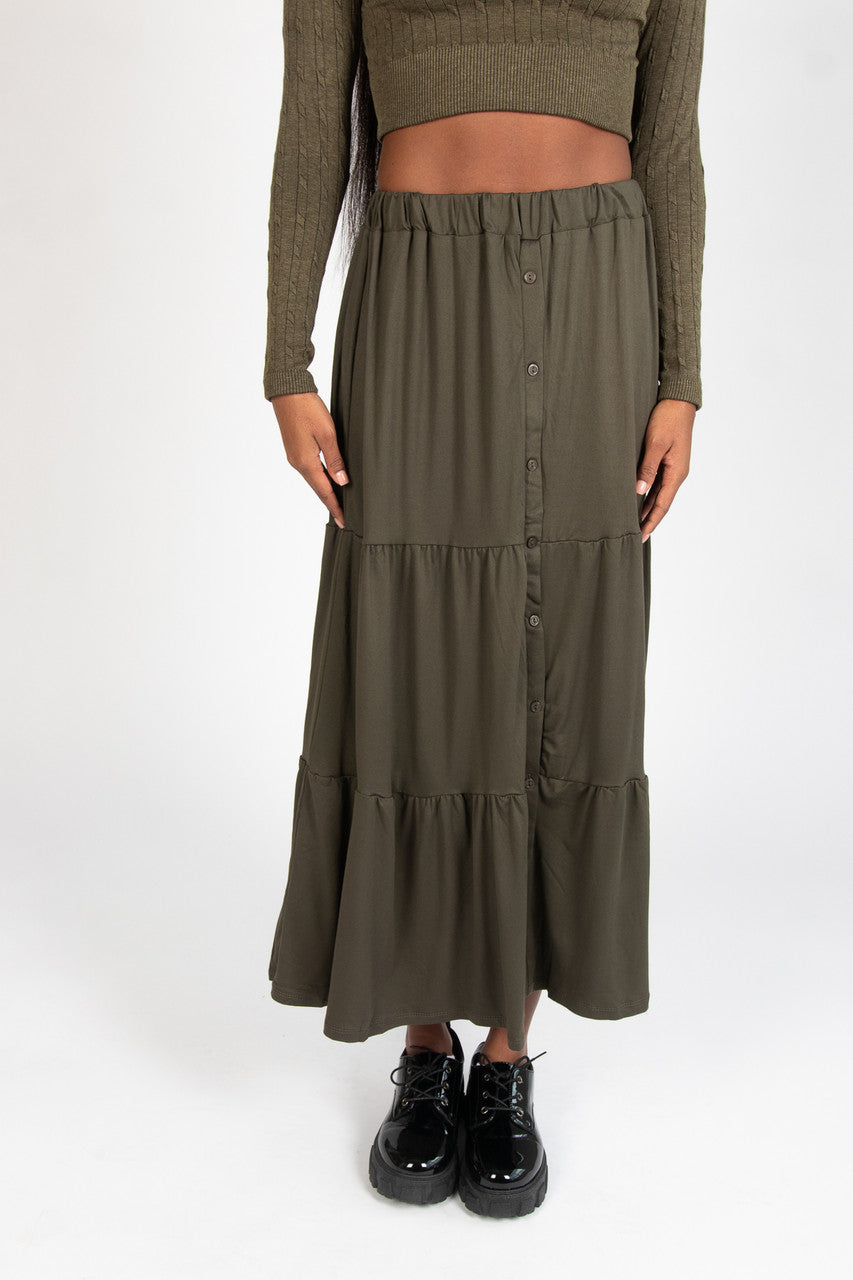 Tiered Button Front Maxi Skirt