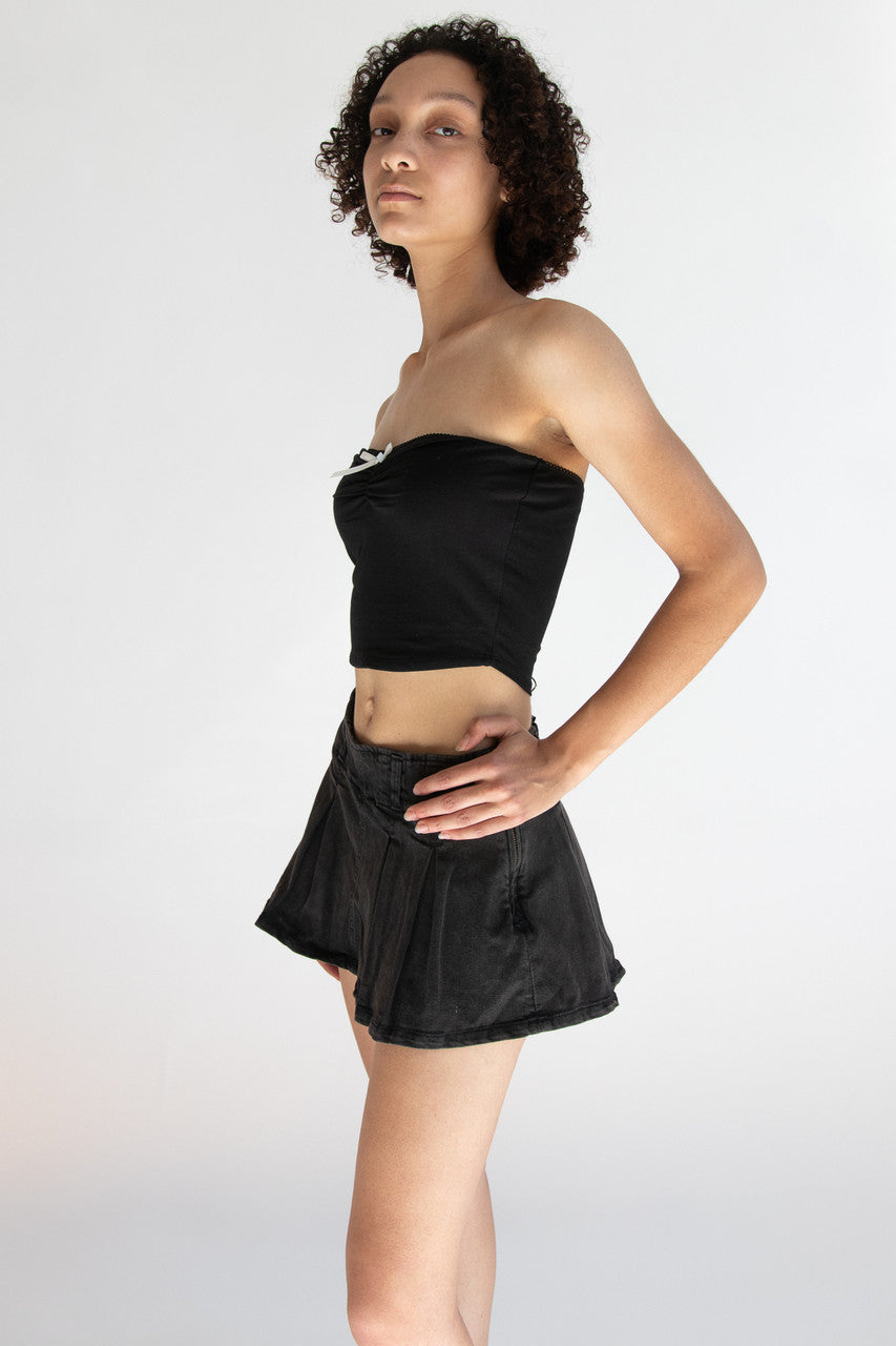 Low Rise Denim Pleated Mini Skort