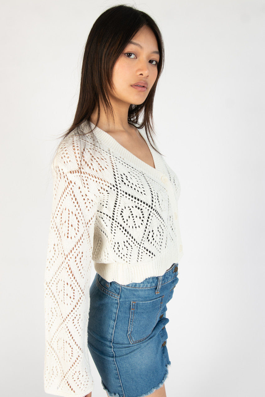 Ivory Bell Sleeve Pointelle Cardigan